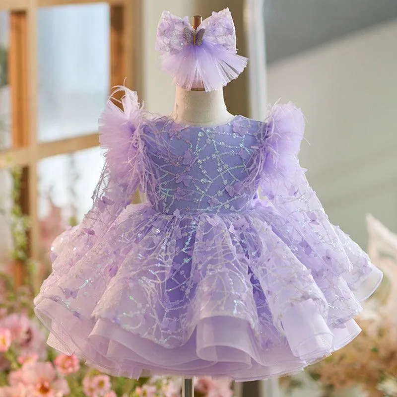 0-12 years long sleeved Butterfly embroidered birthday party girl princess dress Colors can customized