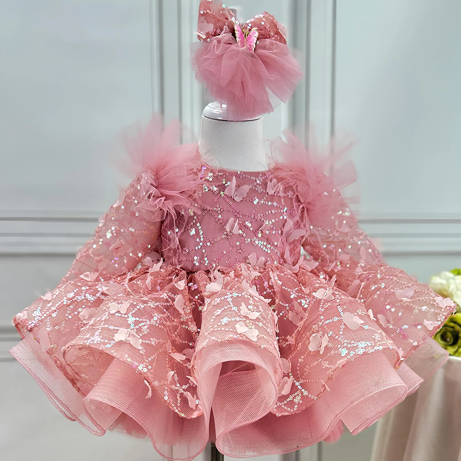 0-12 years long sleeved Butterfly embroidered birthday party girl princess dress Colors can customized