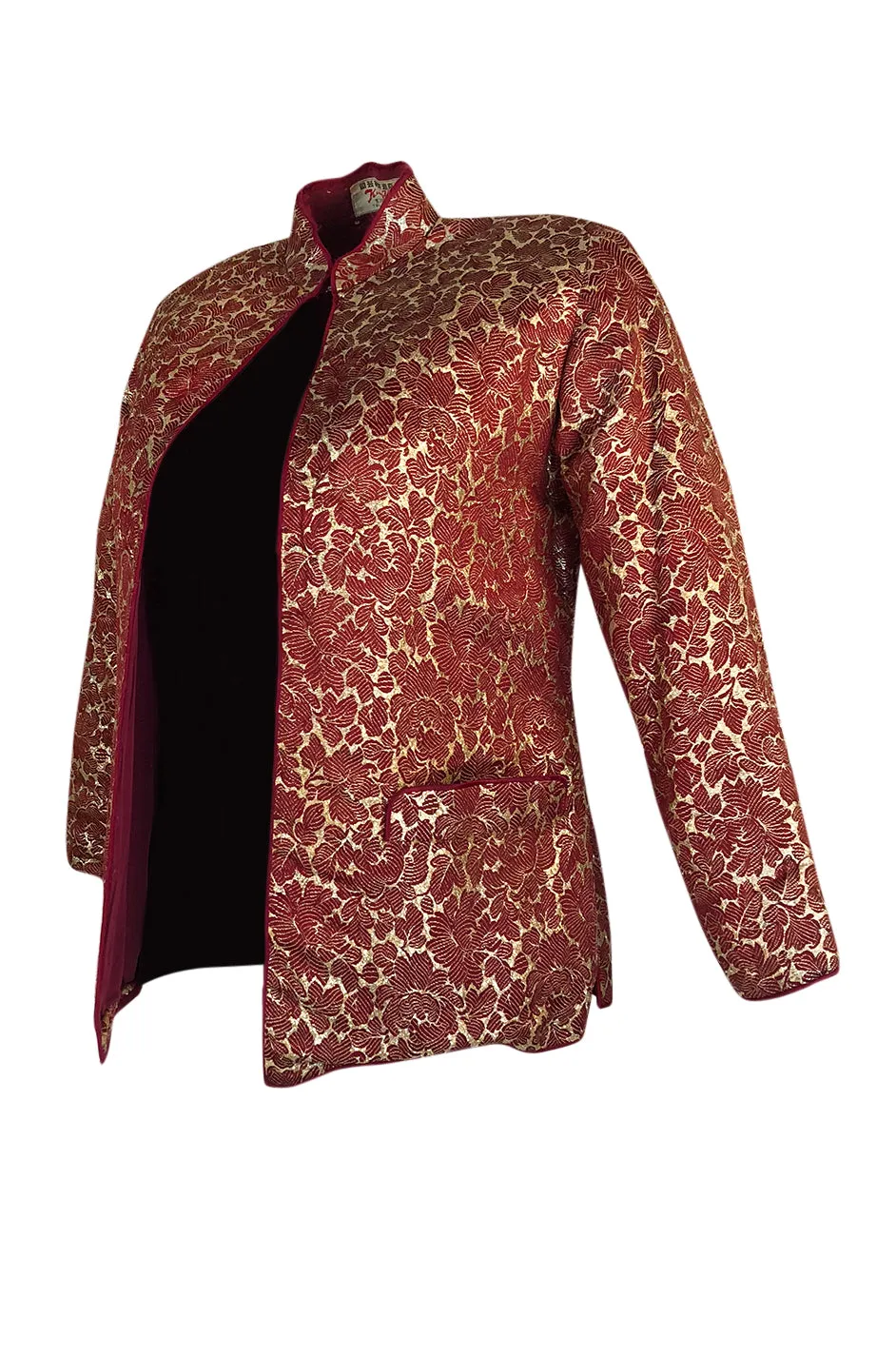 1930s Unlabeled Rich Burgundy & Gold Silk Brocade Asian Jacket