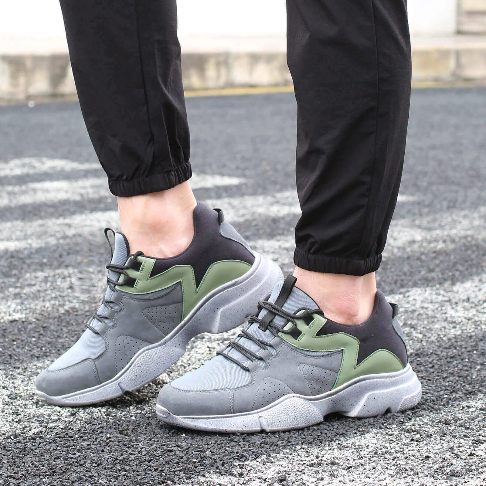 8 CM / 3.15 Inches - CMR CHAMARIPA Height Increasing Sneaker Grey green Leather& Mesh Sneakers Shoes That Make You Taller