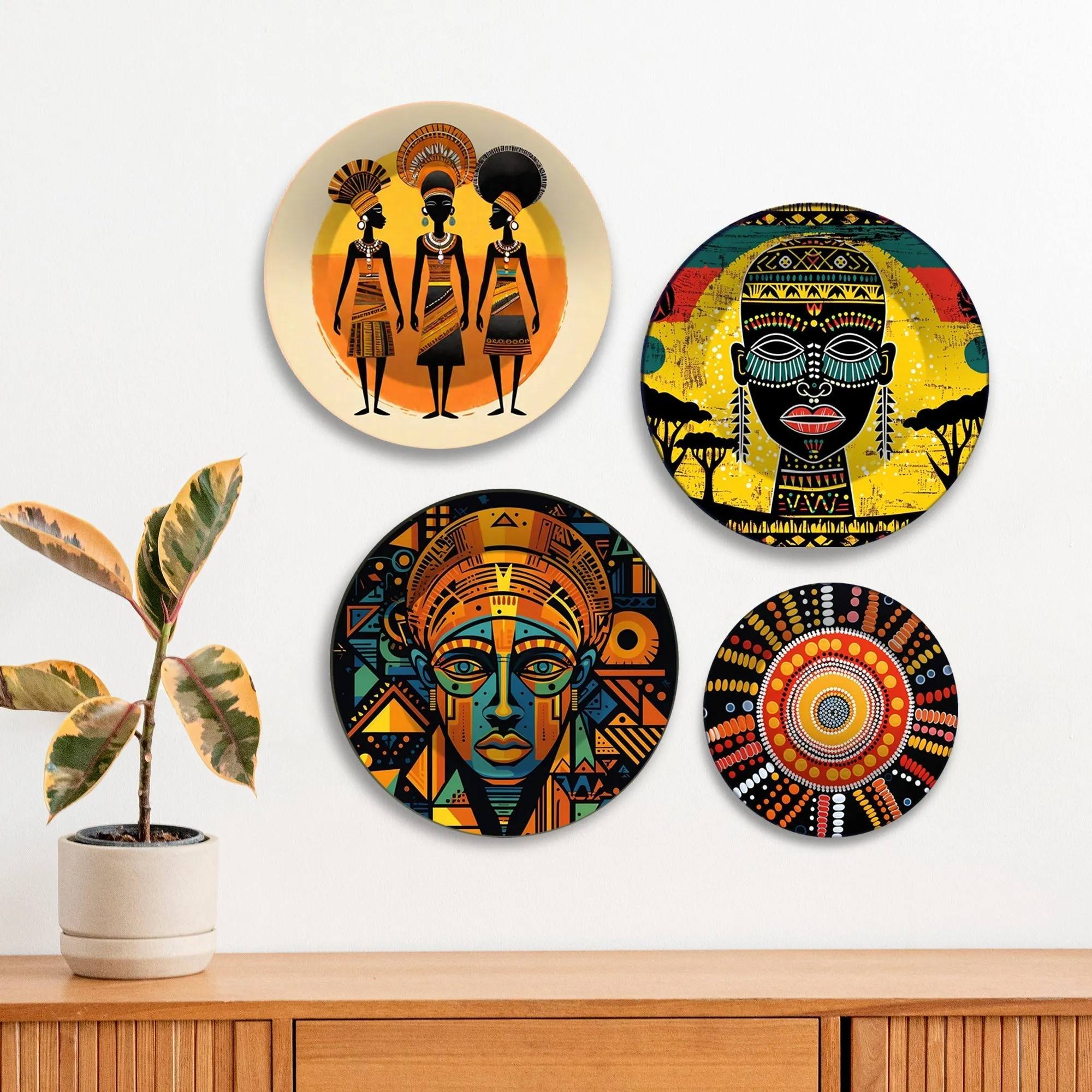 African Culture Premium Wall Plates Painting Set of Four