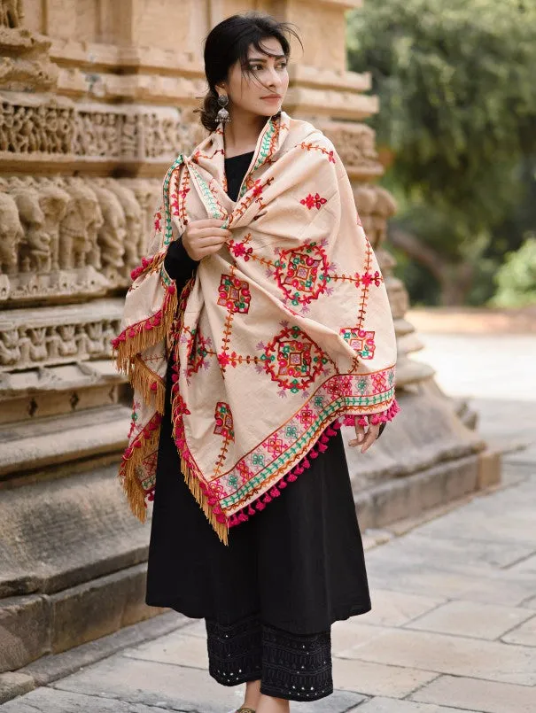 Beige Floral Motifs Aari Heavily Embroidered Khadi Shawl/Dupatta