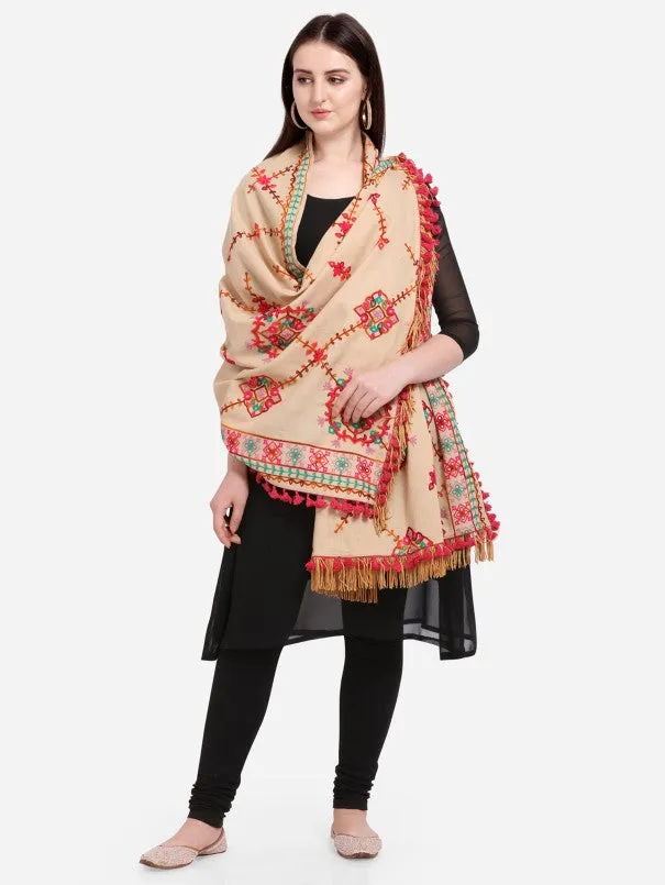 Beige Floral Motifs Aari Heavily Embroidered Khadi Shawl/Dupatta