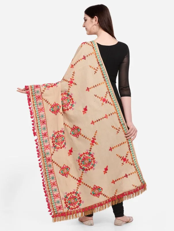 Beige Floral Motifs Aari Heavily Embroidered Khadi Shawl/Dupatta