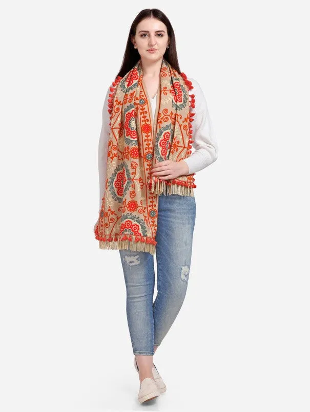 Beige Woollen Embroidered Khadi Muffler With African Motifs