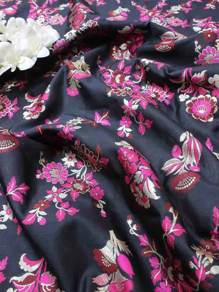 Black Banarasi Silk Meenakari Fabric ( 1 Mtr )