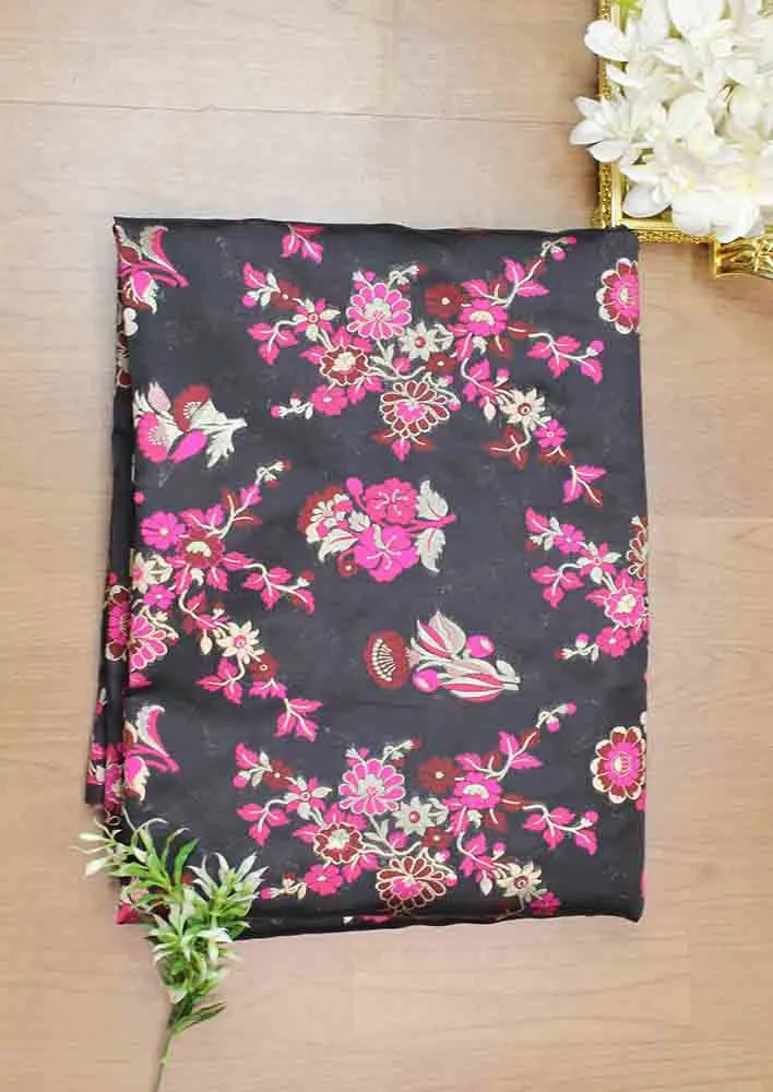 Black Banarasi Silk Meenakari Fabric ( 1 Mtr )