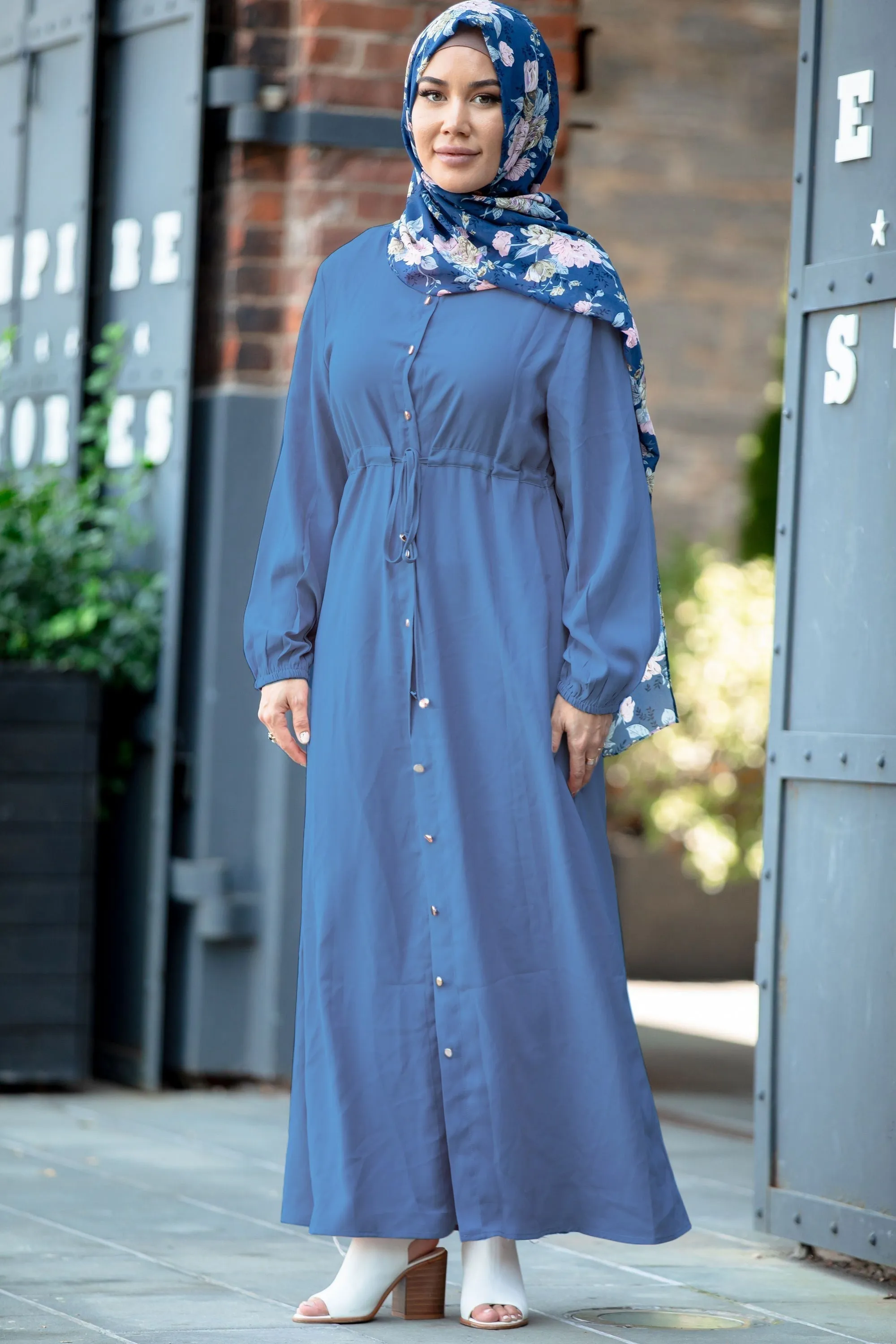 Blue Button Down Drawstring Non-Sheer Maxi Cardigan