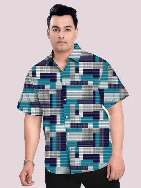 Blue checks patchwork Printed Plus Size Half Shirt