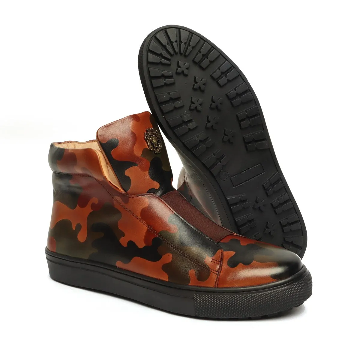 Camo Hand Painted Leather Mid-Top Sneakers with Stretchable Strap by Brune & Bareskin