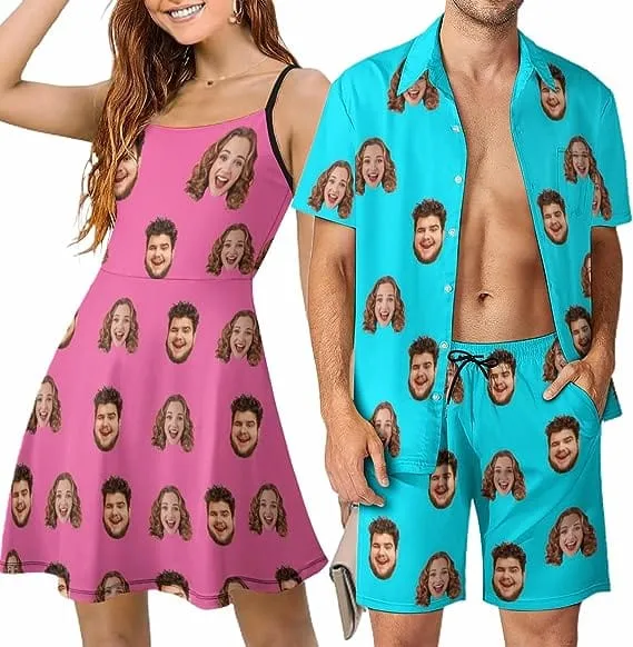 Couple Hawaiian Dress Set Cruise Outfit Custom Face Multicolor Hawaiian Shirt Set&Dress