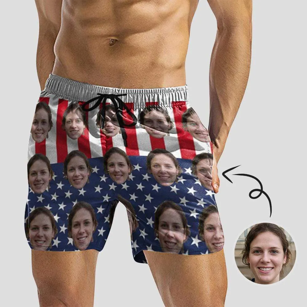 #Couple Matching Swimwear #American Flag Bathingsuit #Independence Day#Custom Husband Face American Flag Swimsuit Personalized Bikini & Swim Trunks Celebrate Holiday Party