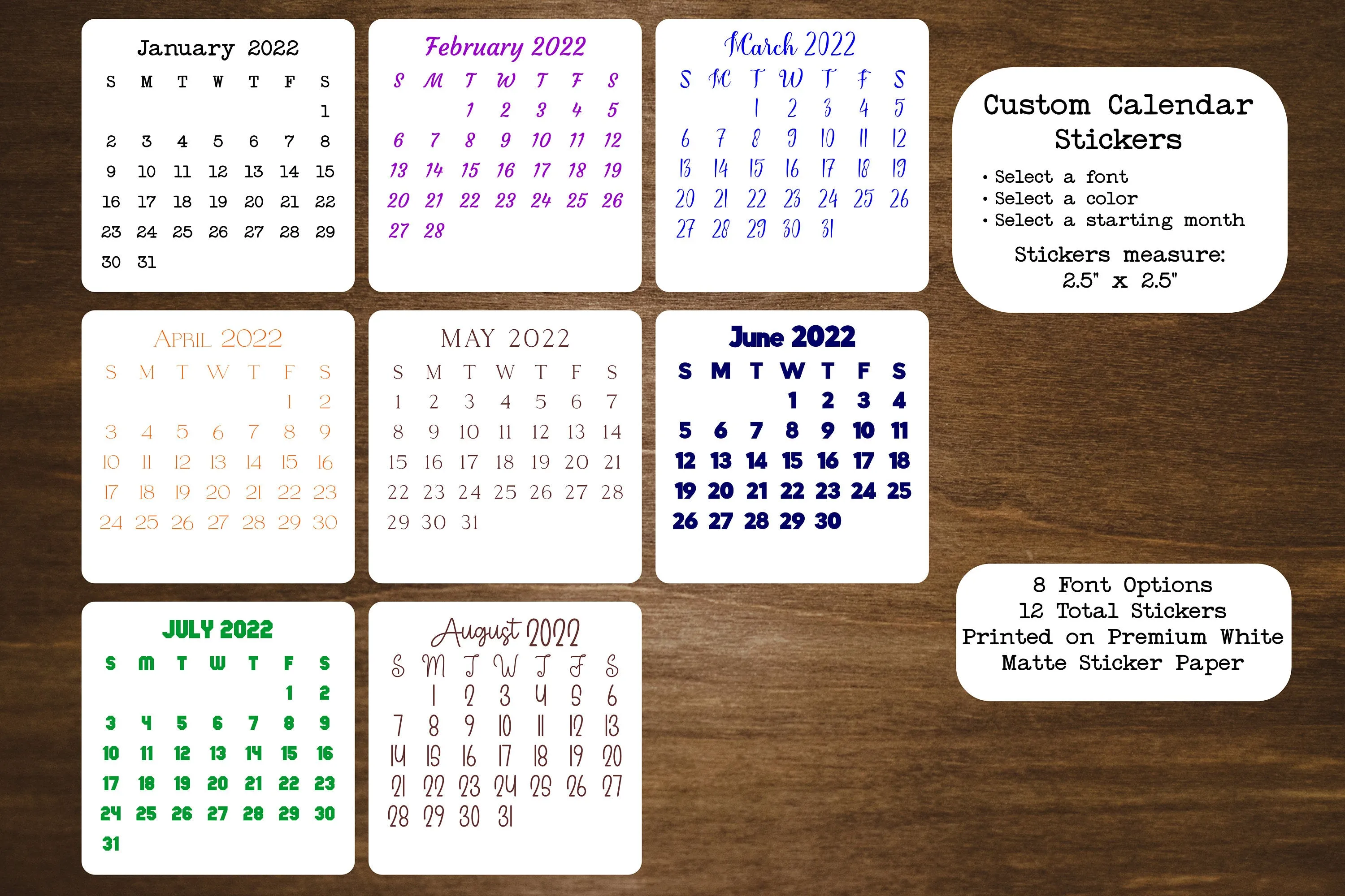 Custom Color and Font Calendar Stickers | Start With Any Month in 2023 | For Planners and Journals  | Monthly Stickers Matte Finish