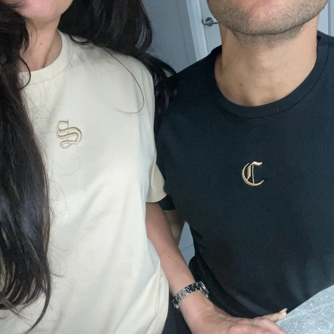 Custom Embroidered Initial T-Shirts - Anniversary Couple Matching Shirts in Old English Font