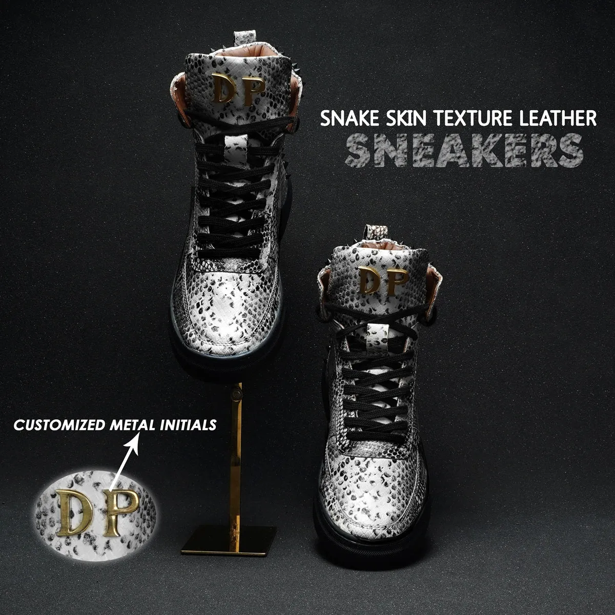 Customized Snake Print Leather Sneaker with Metal Initial