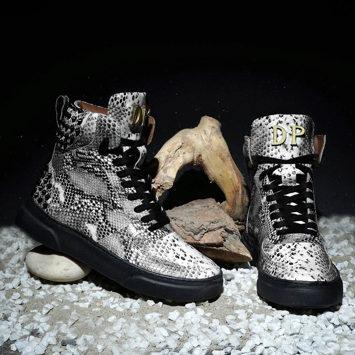 Customized Snake Print Leather Sneaker with Metal Initial