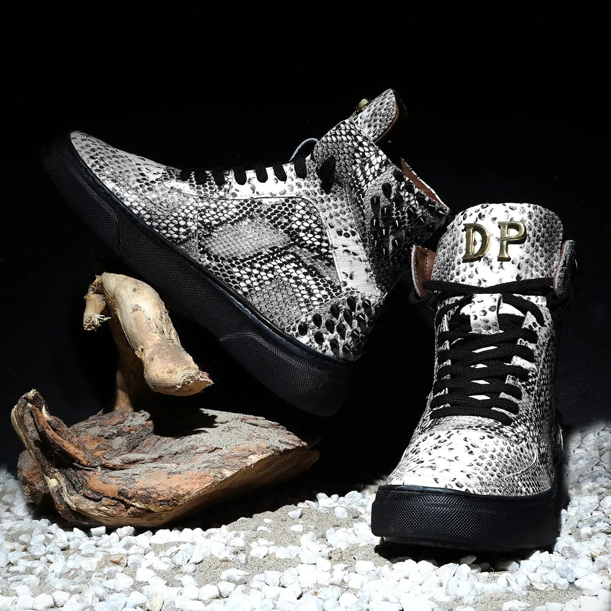 Customized Snake Print Leather Sneaker with Metal Initial