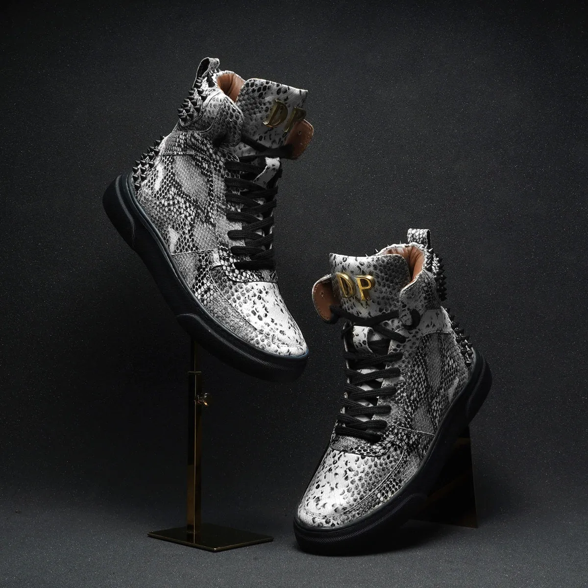 Customized Snake Print Leather Sneaker with Metal Initial