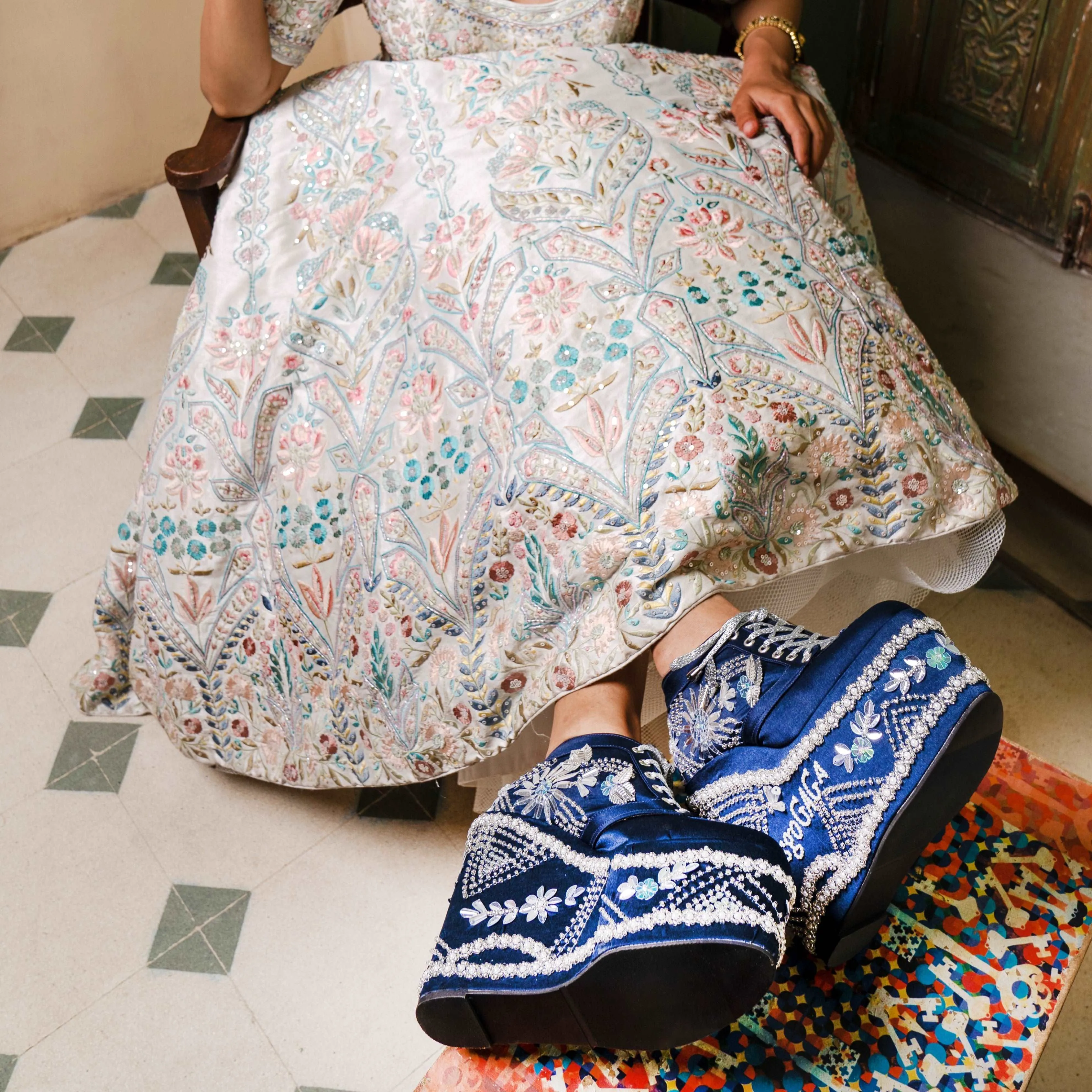 Dark Blue Customized Embroidered Name & Date Wedding Shoes | Tiesta.