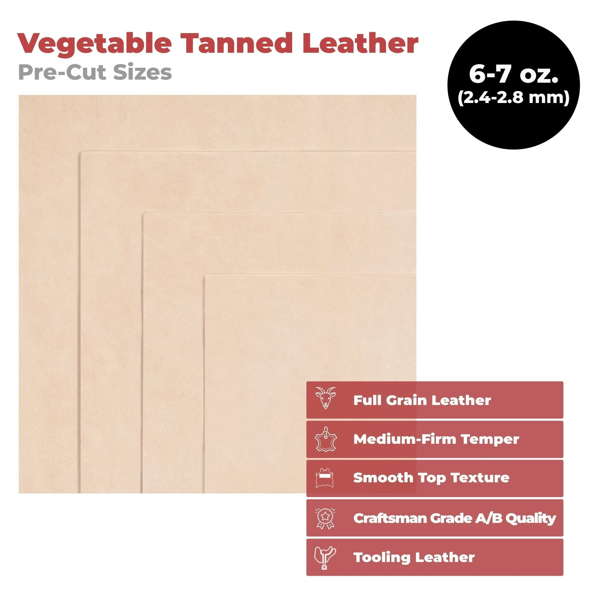 ELW Tooling Leather Vegetable Tanned 6-7 oz. (2.4-2.8mm) Heavy Thickness Weight Pre-Cut Leather Sheets 6" to 48" Cowhide Leather