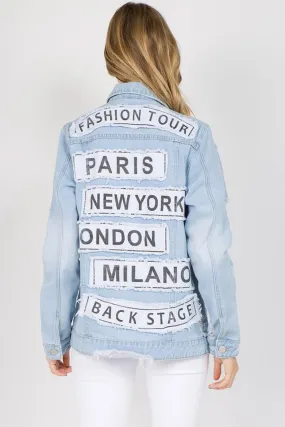 Explore More Collection - American Bazi Letter Patched Distressed Denim Jacket