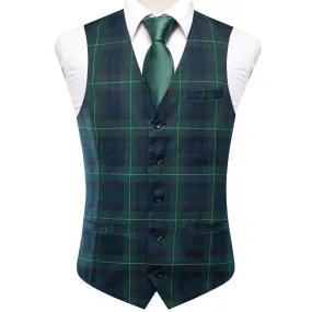 Green Blue Yellow Plaid Silk England Style Men's Single Vest Waistcoat