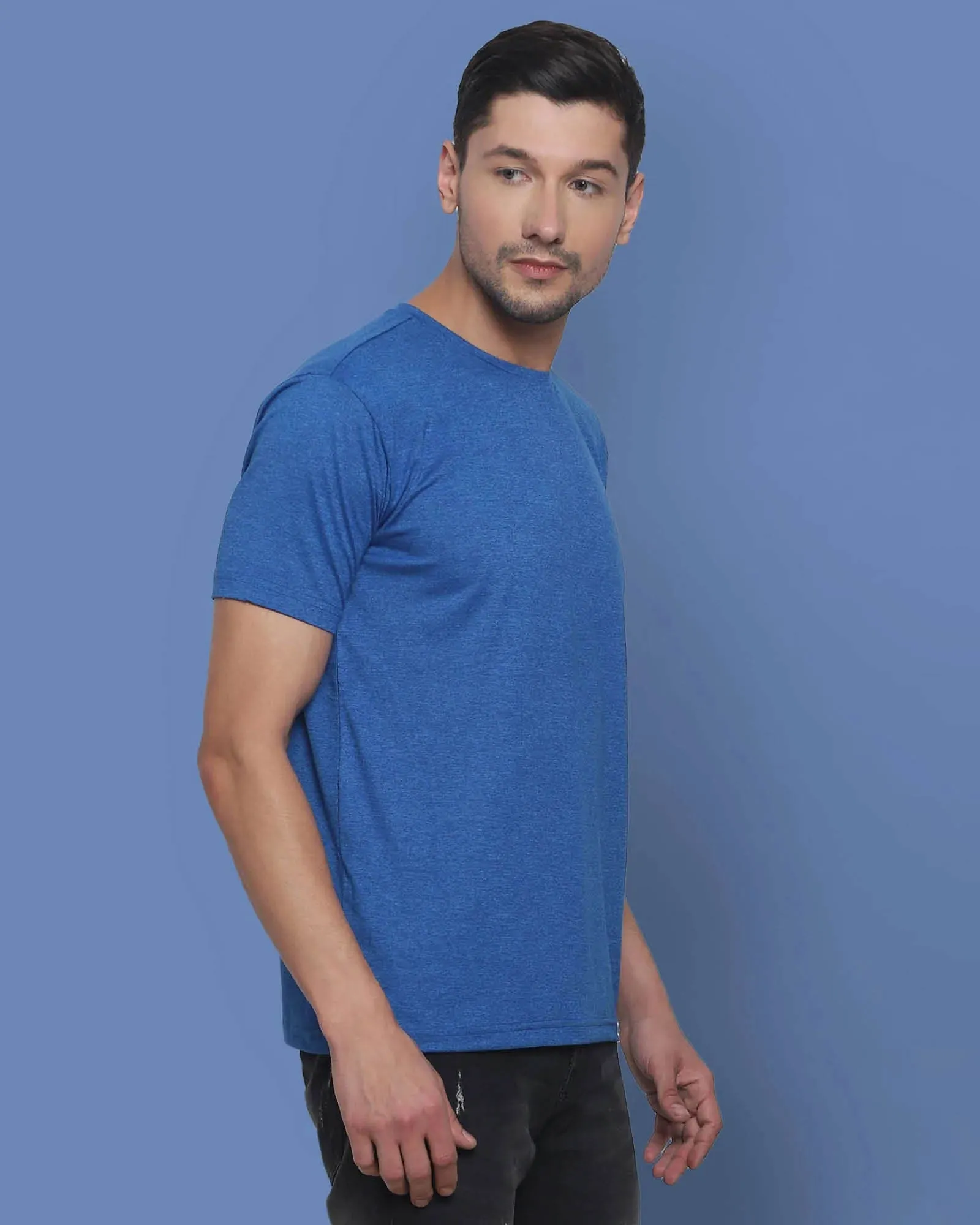 Half Sleeves Crew Neck: Blue Melange