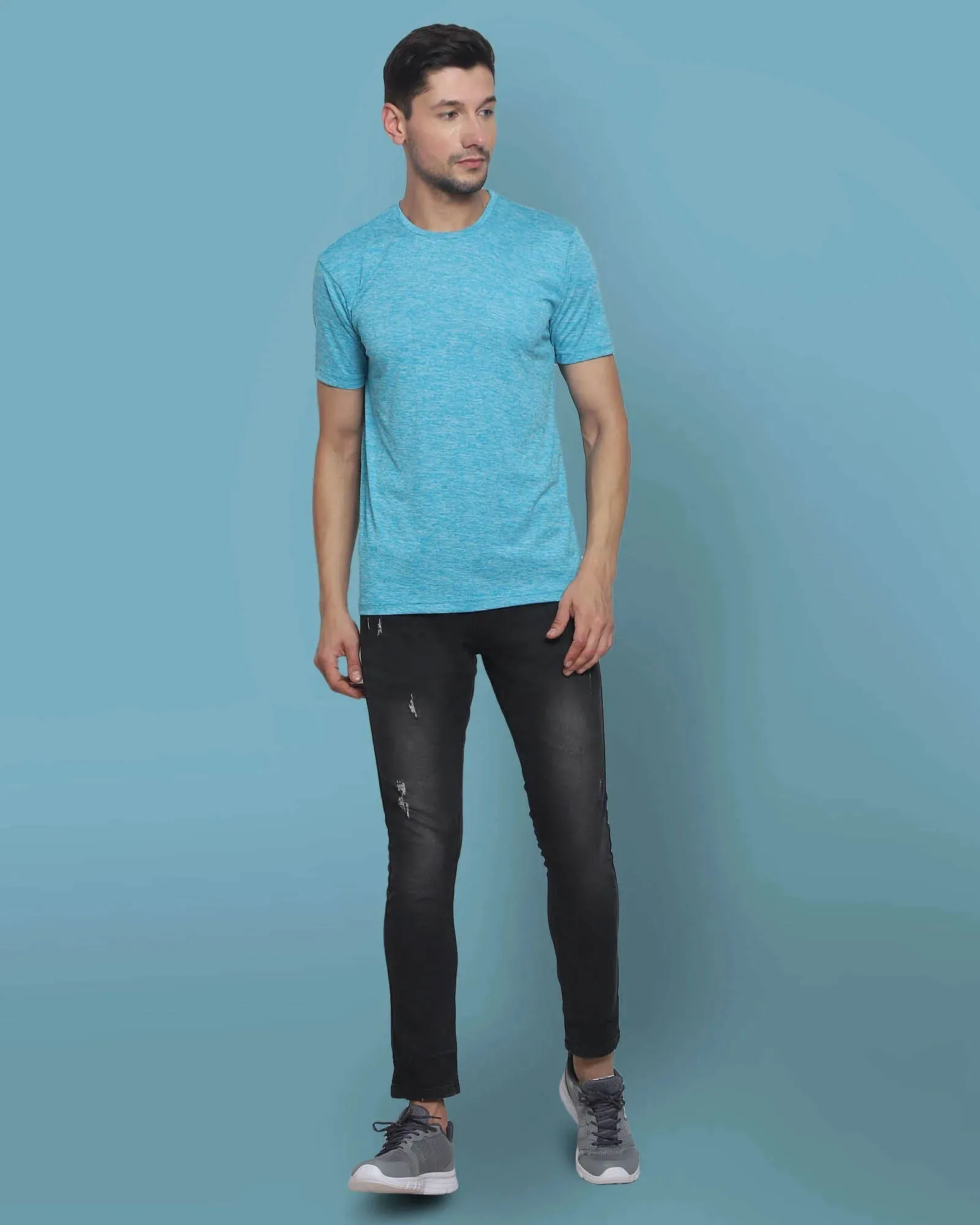 Half Sleeves Crew Neck: Sea Blue Melange