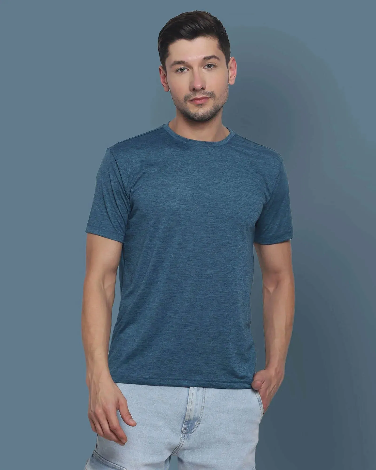 Half Sleeves Crew Neck: Teal Melange