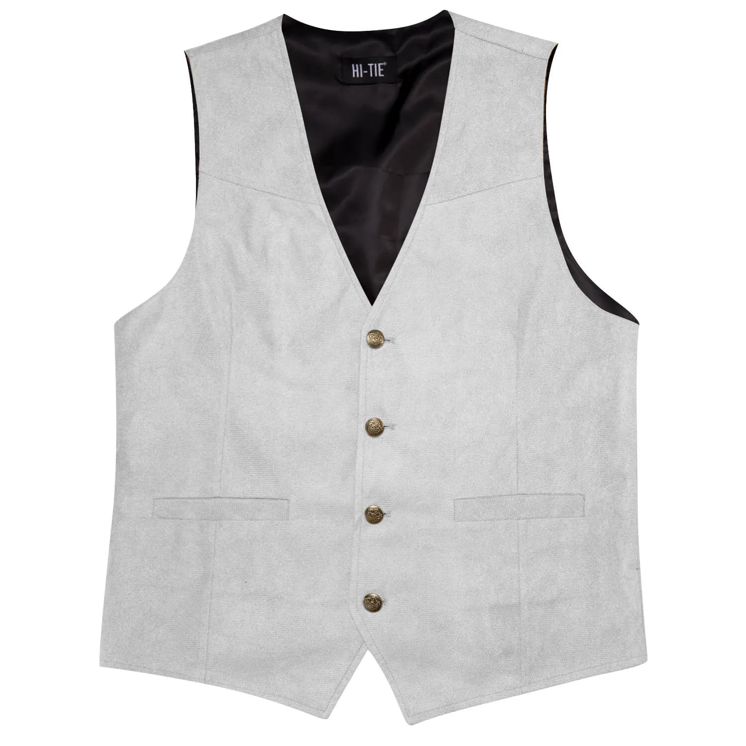 Hi-Tie Button Vest Solid Light Gray Suede Single Waistcoat for Men