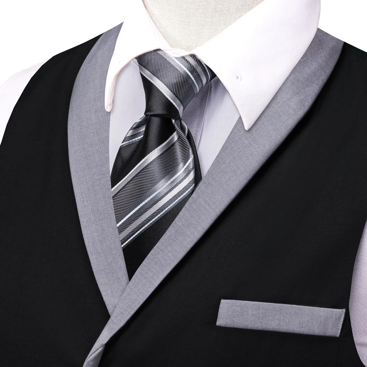 Hi-Tie Grey Shawl Collar Black Solid Waistcoat Formal Vests for Business