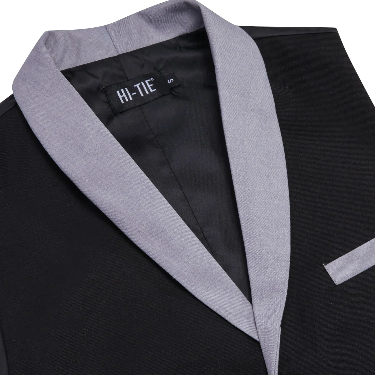 Hi-Tie Grey Shawl Collar Black Solid Waistcoat Formal Vests for Business