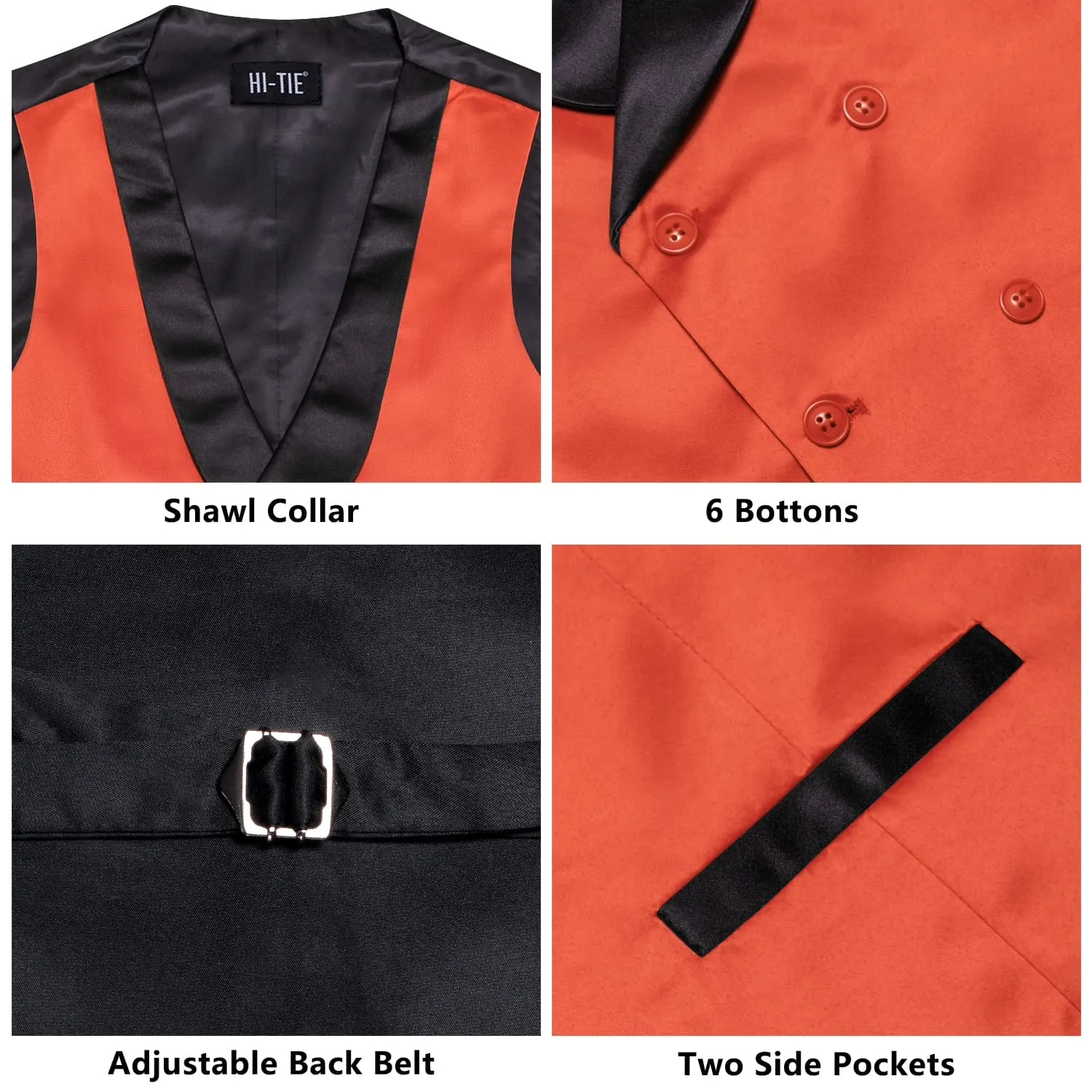 Hi-Tie Men Vest Red Orange Double Breasted Black Shawl Lapel Waistcoat