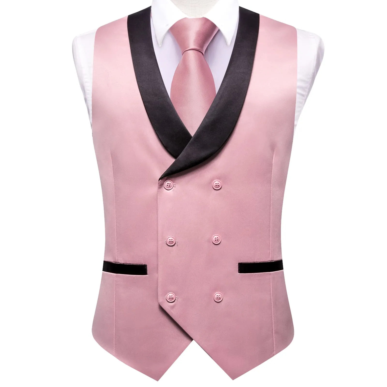 Hi-Tie Men's Vest Pink Double Breasted Black Shawl Lapel Waistcoat