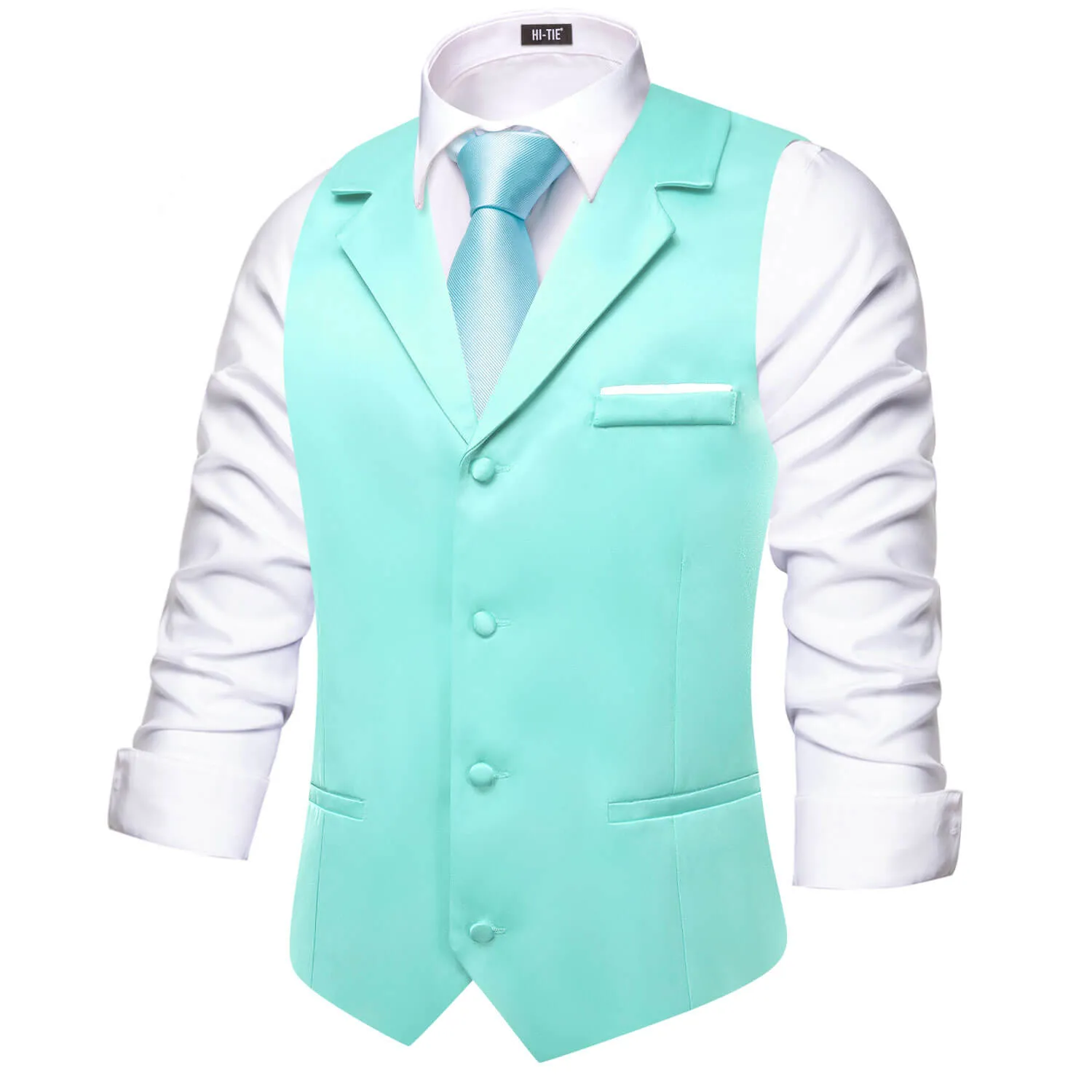 Hi-Tie Mint Blue Waistcoat Solid Notch lapels Men's Vest