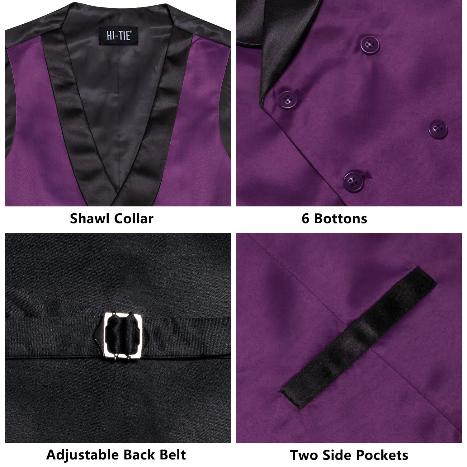 Hi-Tie Palatinate Purple Double Breasted Black Shawl Lapel Waistcoat