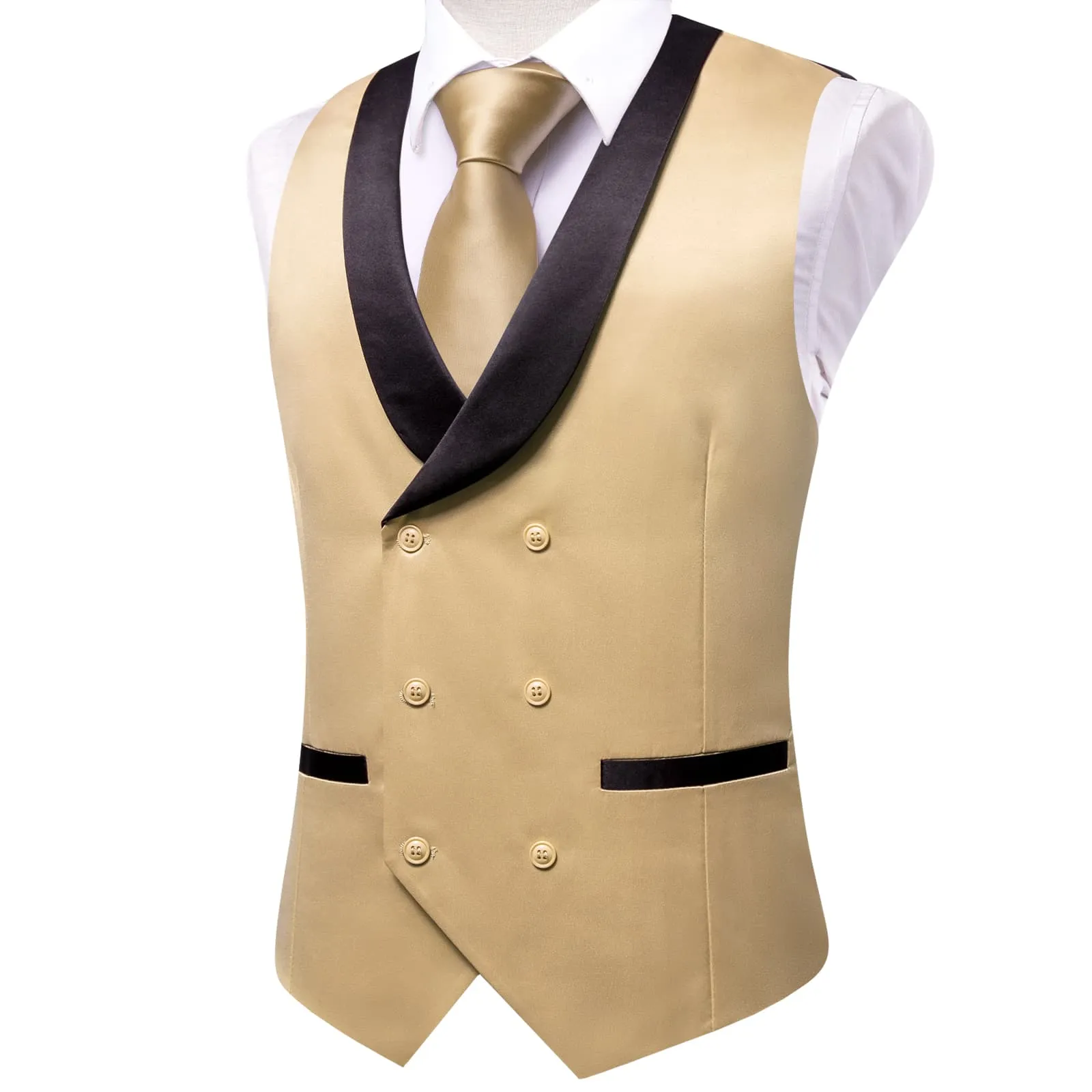 Hi-Tie Tan Double Breasted Waistcoat Black Shawl Lapel Mens Solid Vest