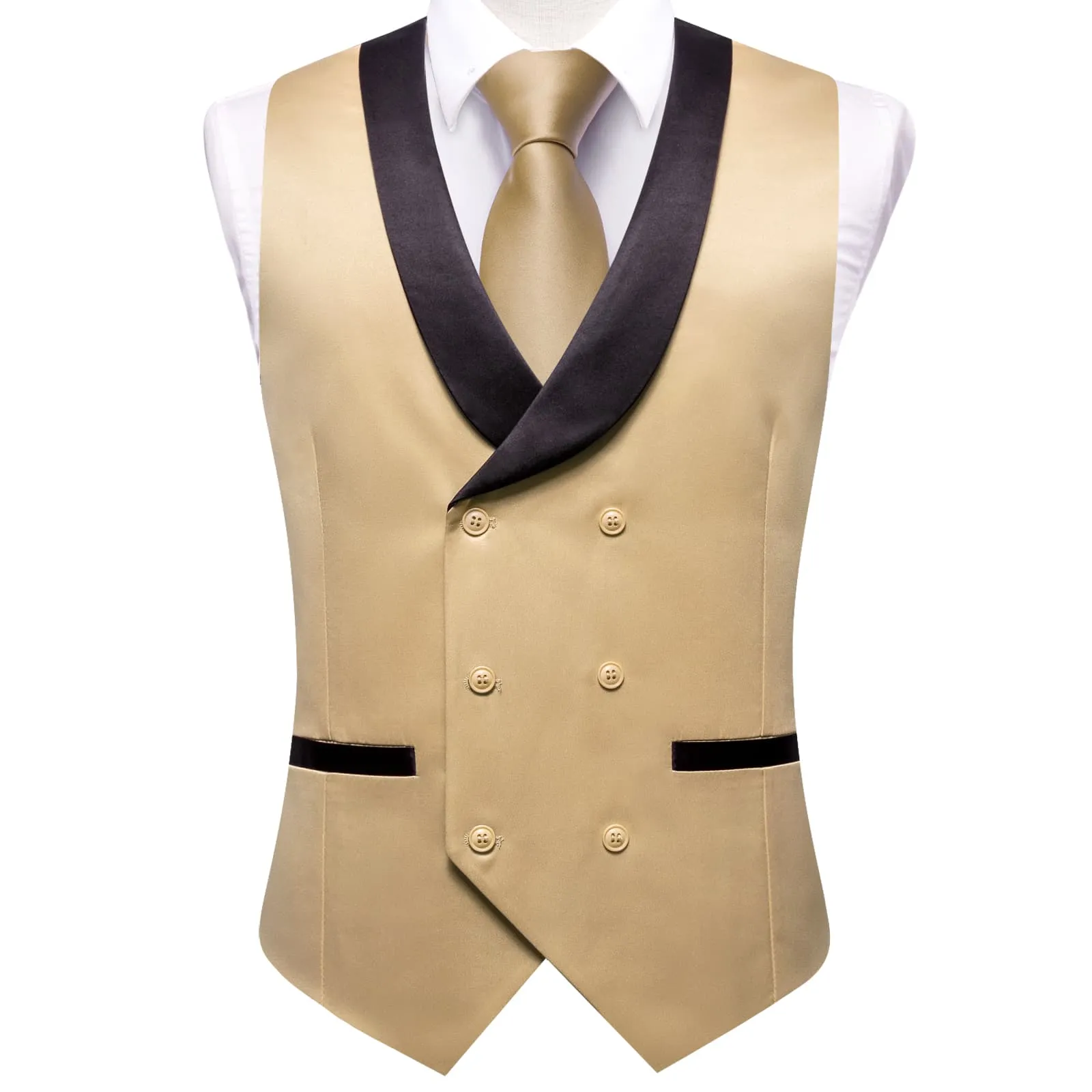 Hi-Tie Tan Double Breasted Waistcoat Black Shawl Lapel Mens Solid Vest