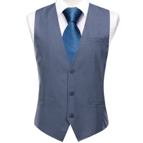 Hi-Tie Wedding Waistcoat Haze Blue Solid Silk Style Men's Single Vest