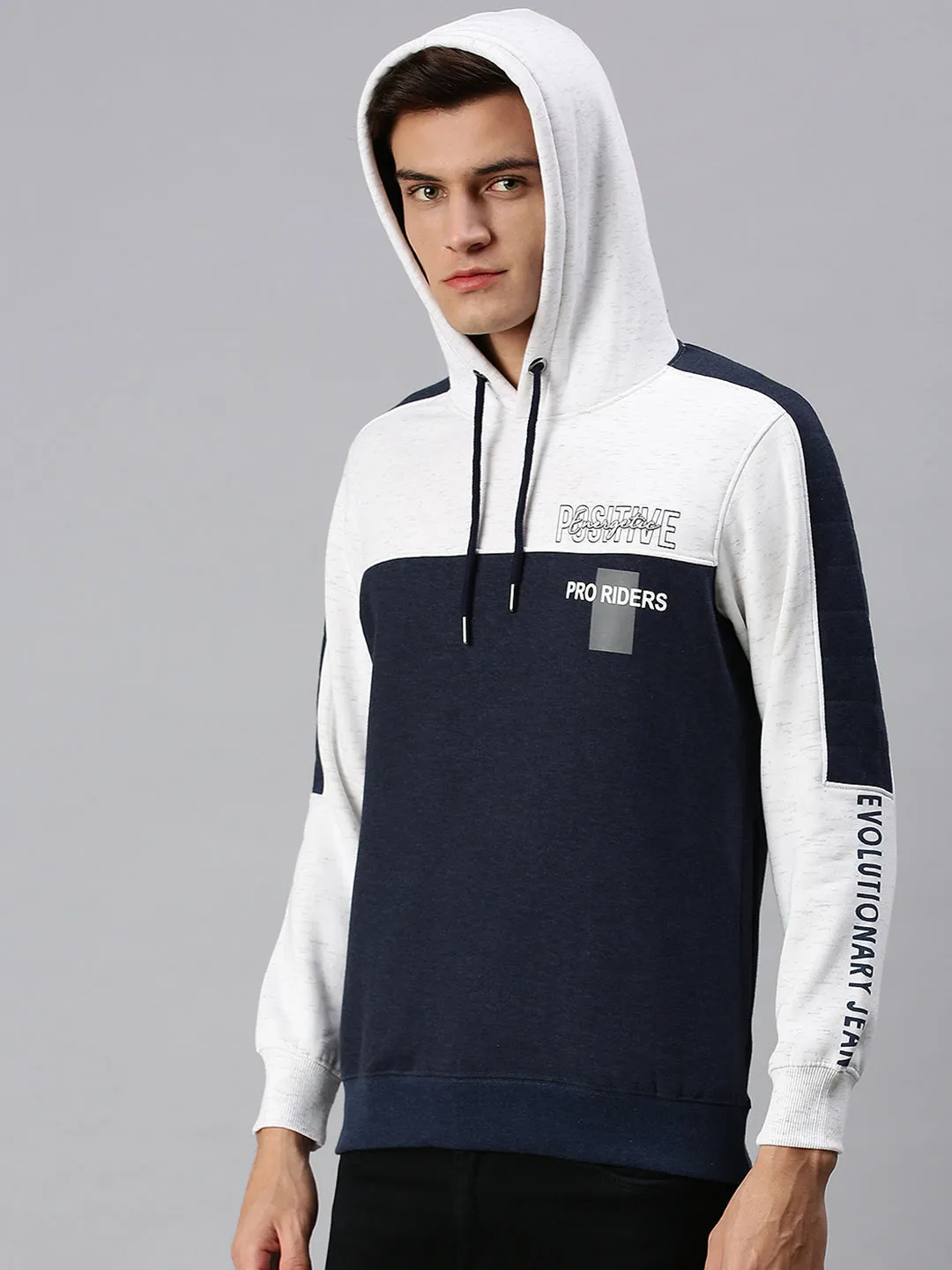 Men Hooded Colourblocked White Sweatshirt