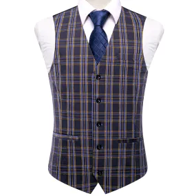 Navy Blue Yellow Plaid Silk Men's Single Vest Waistcoat