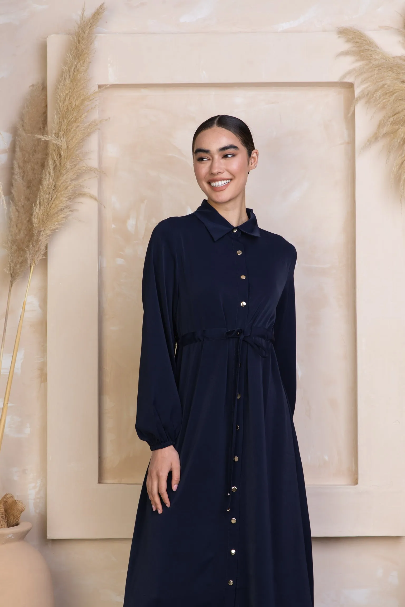 Navy Button Down Drawstring Non-Sheer Maxi Cardigan