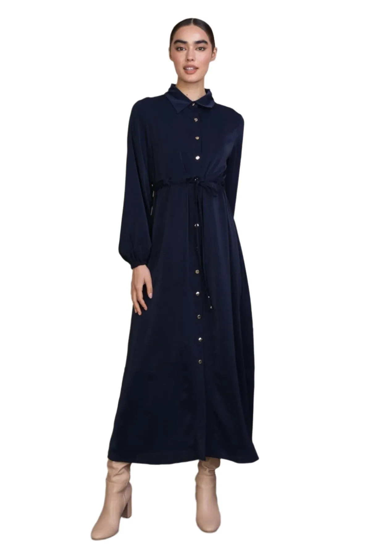 Navy Button Down Drawstring Non-Sheer Maxi Cardigan