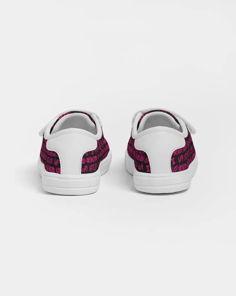 NEVER GIVE UP Pink Empowering Graffiti Kids Velcro Sneaker