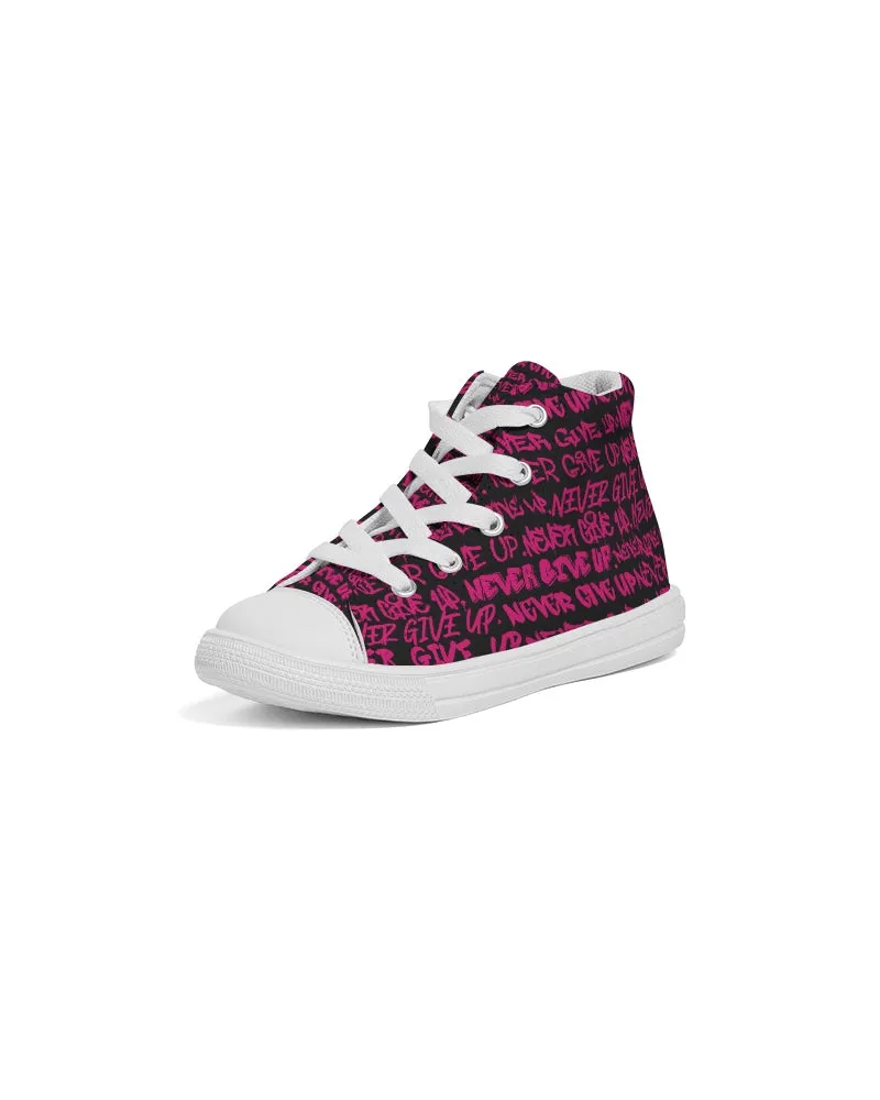 NEVER GIVE UP Pink Graffiti Kids Hightop Canvas Shoe