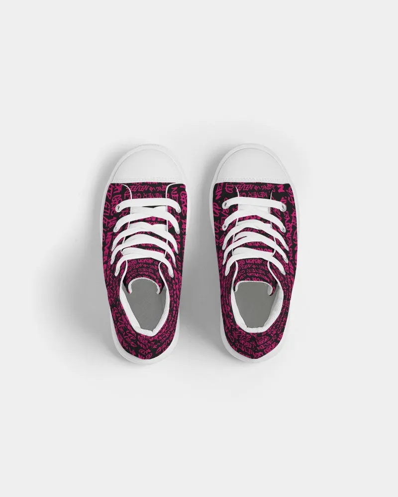 NEVER GIVE UP Pink Graffiti Kids Hightop Canvas Shoe