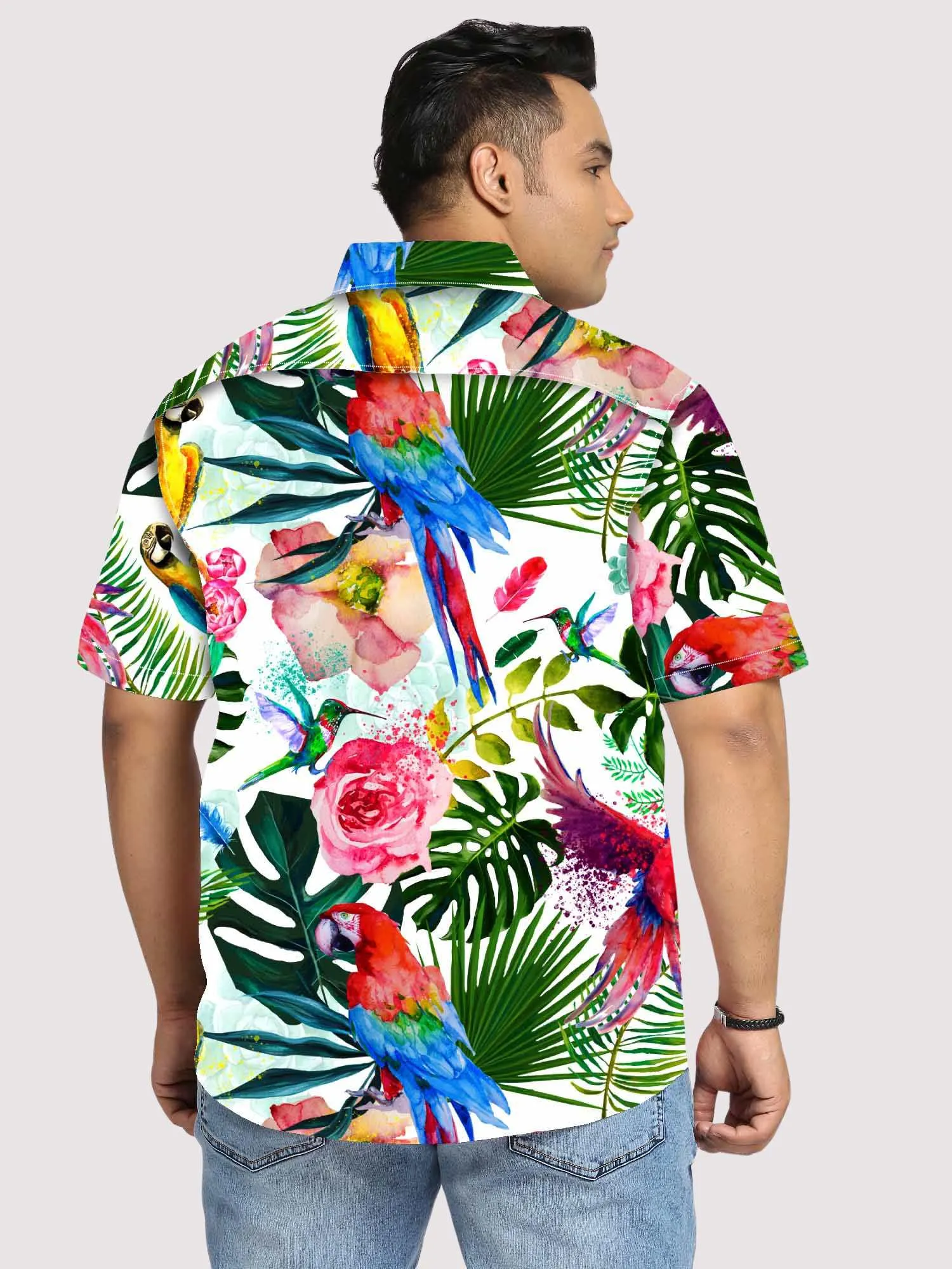 Parrots with Exotic Pattern Digital Printed Half Sleeve Shirt Men's Plus Size