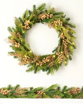 Pre-Lit Gold Berry Mixed Tip Wreath, 76 cm