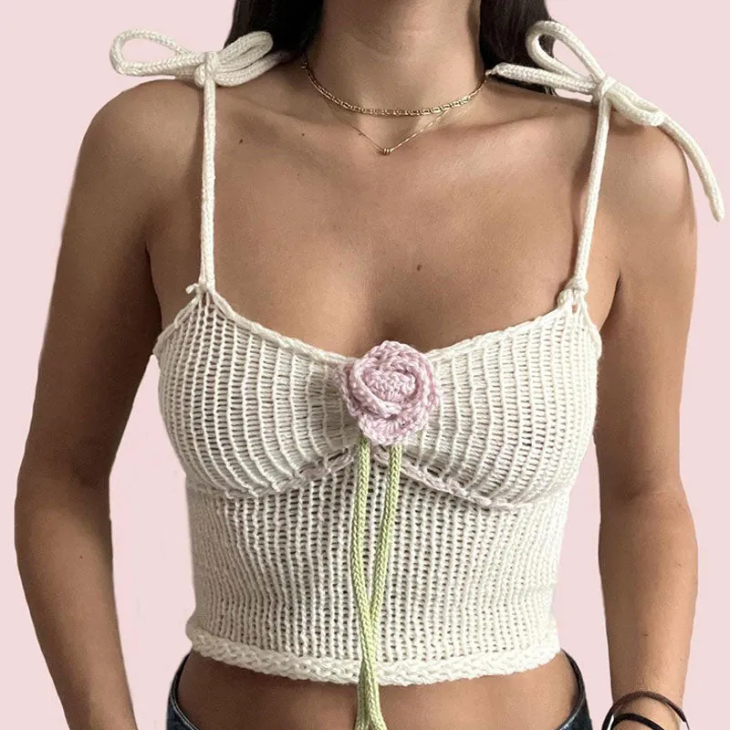 Pretty 3D Rosette Tie Strap Cutout Back Roll Trim Cropped Knit Tank Top