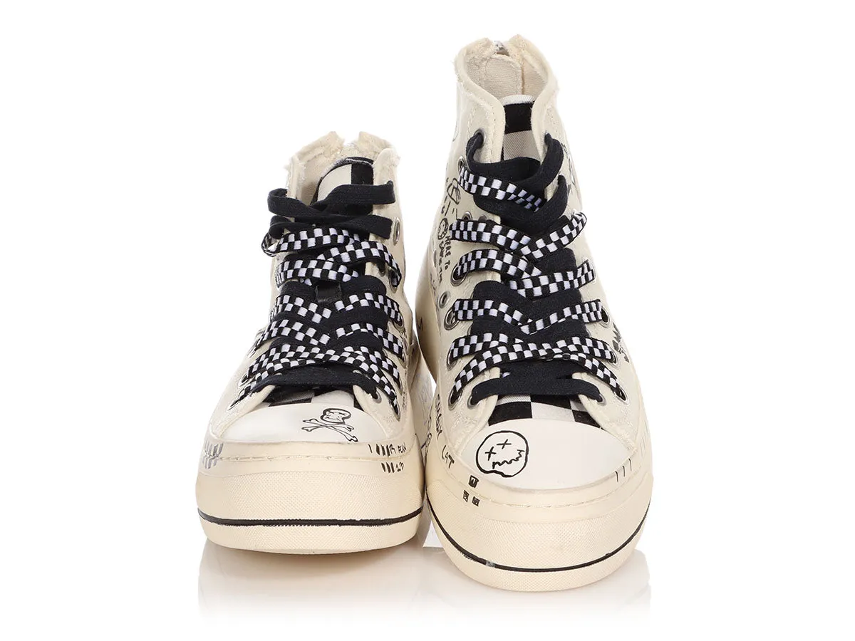 R13 White Graffiti Double Grommet Kurt High Top Sneakers